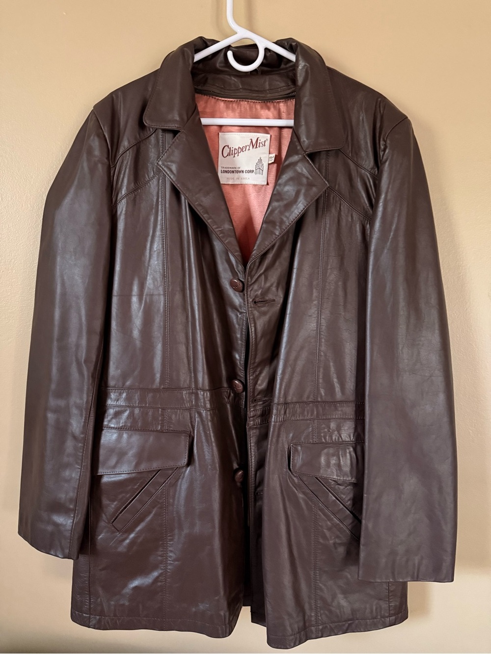 Vintage 70s ClipperMist Genuine Leather Car Coat Jacket Men’s 44 Tall Brown